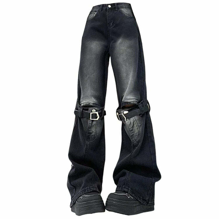 Y2K Grunge Aesthetic Knee Buckle Jeans for Trendy Vintage Vibes