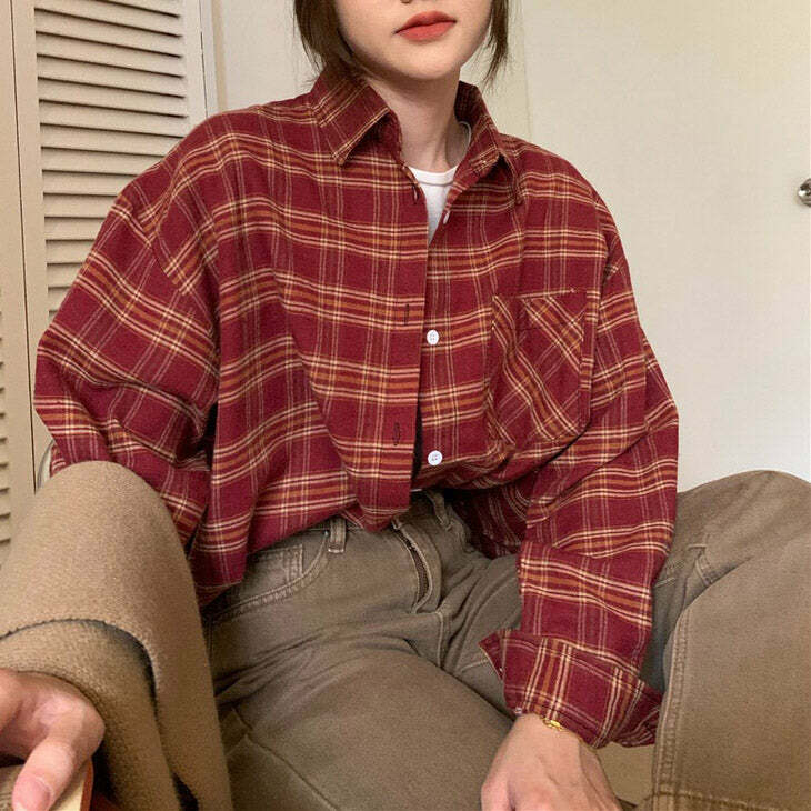 Y2K Grunge Aesthetic Plaid Shirt for Trendy Outfits and Comfy Style