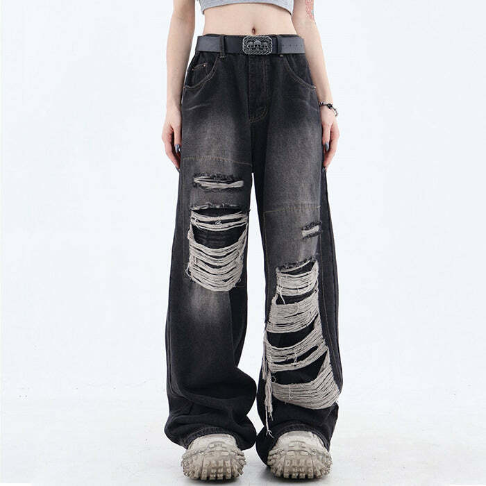 Y2K Grunge Aesthetic Ripped Wide Leg Jeans for Trendy Outfits