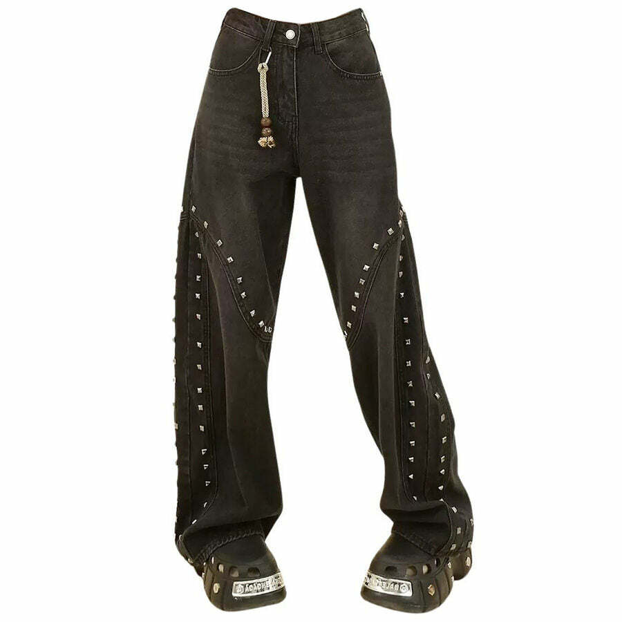 Y2K Grunge Aesthetic Rivet Jeans for Trendy Outfits and Aesthetic Vibes