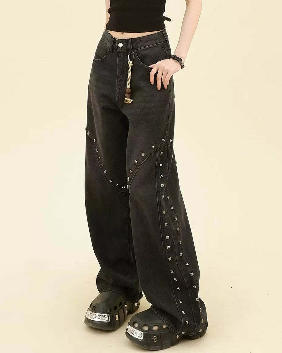 Y2K Grunge Aesthetic Rivet Jeans for Trendy Outfits and Aesthetic Vibes