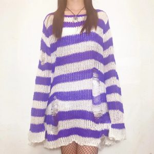 Y2K Grunge Candy Striped Sweater for Aesthetic Outfits & Cozy Vibes