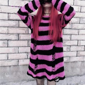 Y2K Grunge Candy Striped Sweater for Aesthetic Outfits & Cozy Vibes