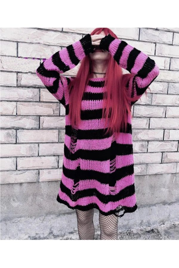 Y2K Grunge Candy Striped Sweater for Aesthetic Outfits & Cozy Vibes