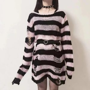 Y2K Grunge Candy Striped Sweater for Aesthetic Outfits & Cozy Vibes