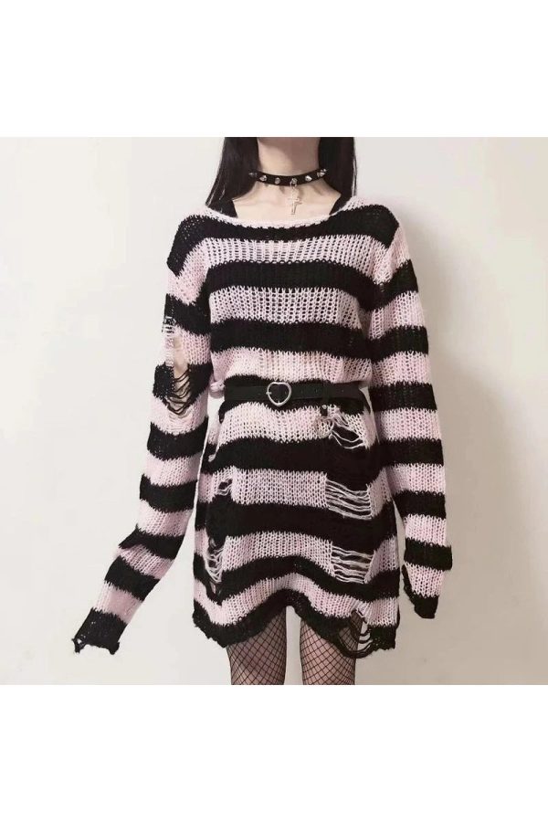 Y2K Grunge Candy Striped Sweater for Aesthetic Outfits & Cozy Vibes