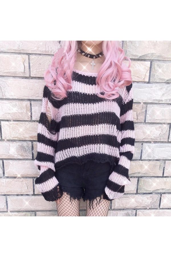 Y2K Grunge Candy Striped Sweater for Aesthetic Outfits & Cozy Vibes