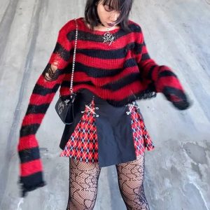 Y2K Grunge Candy Striped Sweater for Aesthetic Outfits & Cozy Vibes