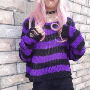 Y2K Grunge Candy Striped Sweater for Aesthetic Outfits & Cozy Vibes