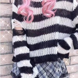 Y2K Grunge Candy Striped Sweater for Aesthetic Outfits & Cozy Vibes