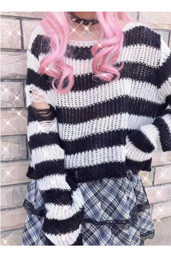 Y2K Grunge Candy Striped Sweater for Aesthetic Outfits & Cozy Vibes