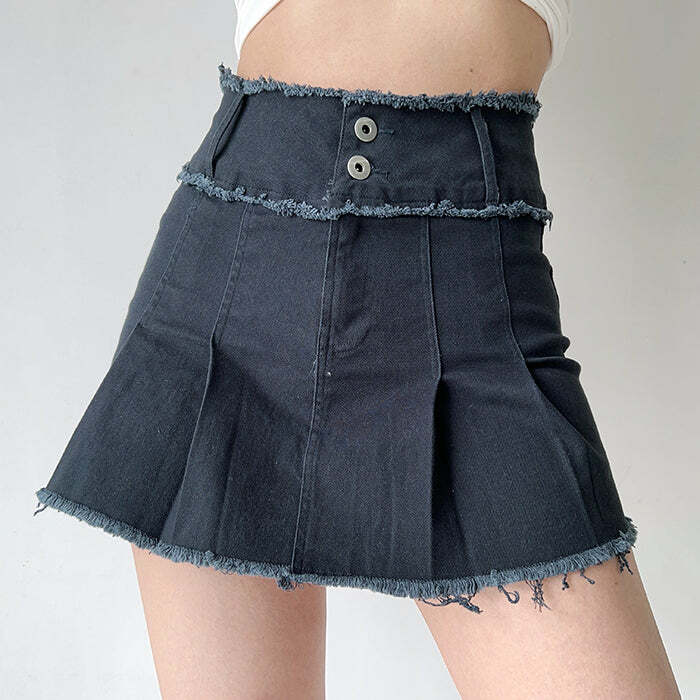 Y2K Grunge Denim Pleated Skirt for Aesthetic Outfits and Styles