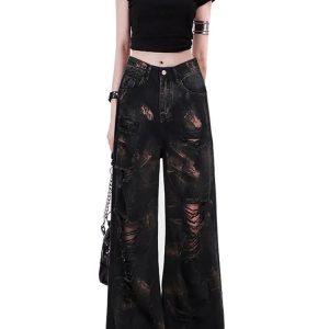 Y2K Grunge Distortion Ripped Jeans for Trendy Aesthetic Outfits