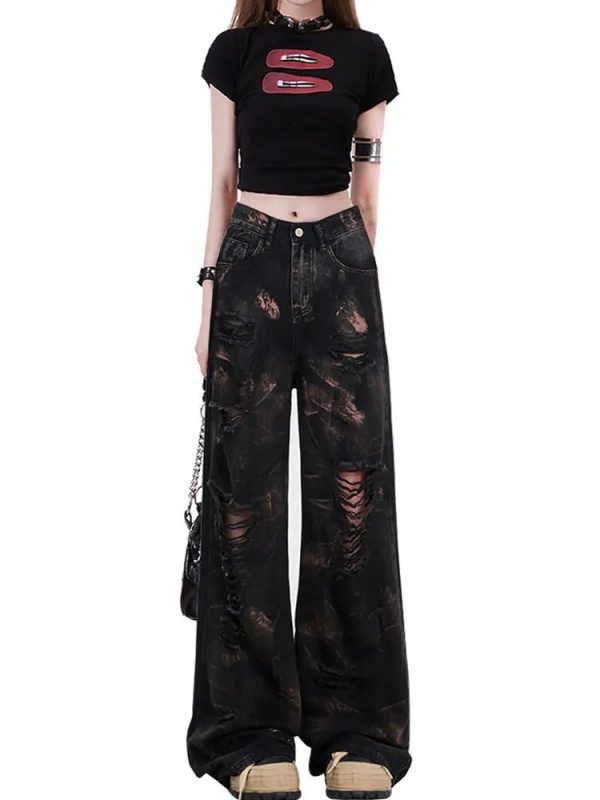 Y2K Grunge Distortion Ripped Jeans for Trendy Aesthetic Outfits