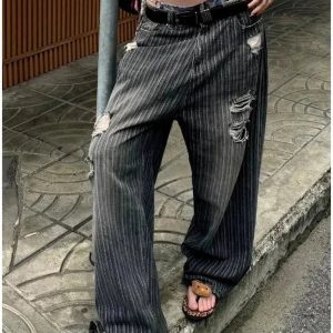 Y2K Grunge Distressed Pinstripe Pants for Aesthetic Outfits