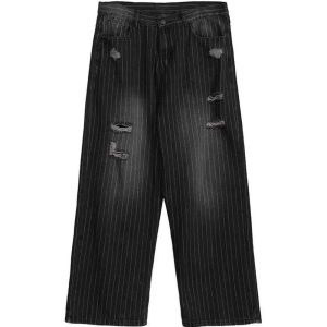 Y2K Grunge Distressed Pinstripe Pants for Aesthetic Outfits