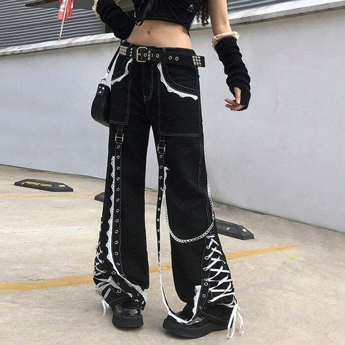 Y2K Grunge Lace-Up Baggy Jeans for Trendy Aesthetic Outfits