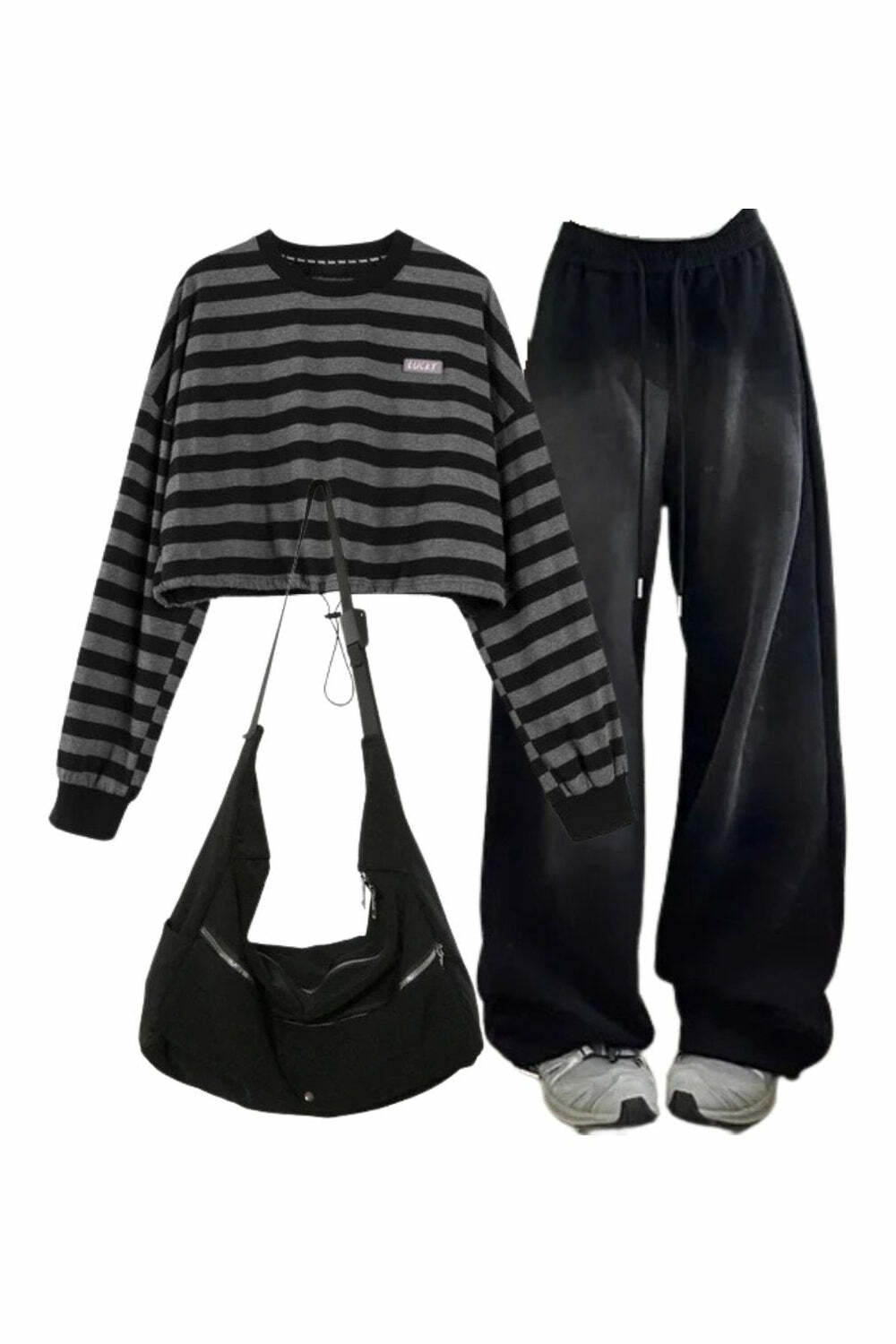 Y2K Grunge Outfit: Baggy Sweatpants, Striped Sweatshirt & Nylon Bag