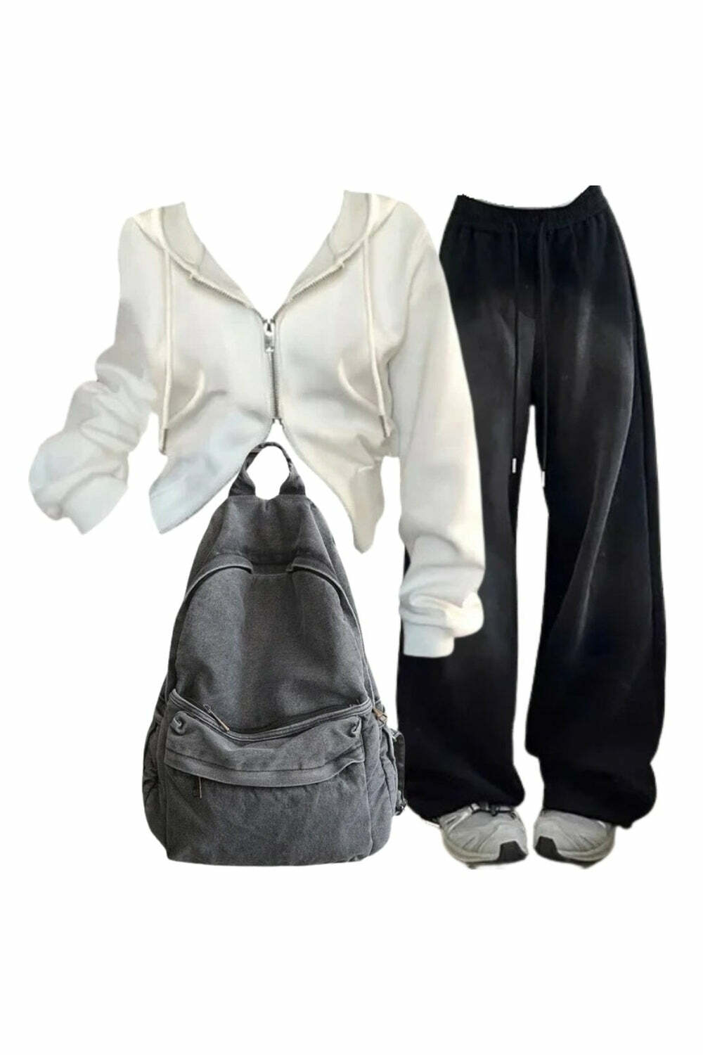 Y2K Grunge Outfit: Baggy Sweatpants, White Zip Hoodie & Urban Ash Backpack