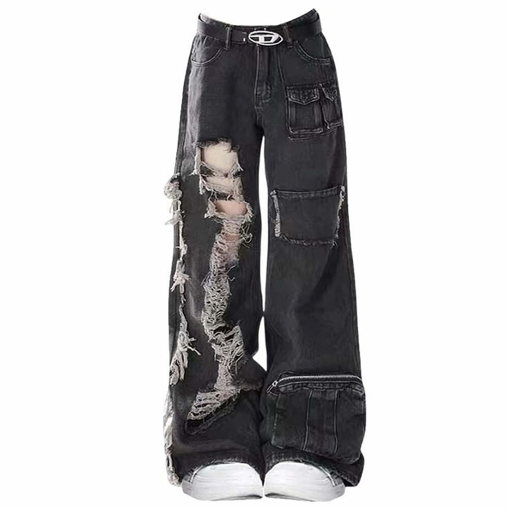 Y2K Grunge Ripped Black Jeans for Trendy Aesthetic Outfits