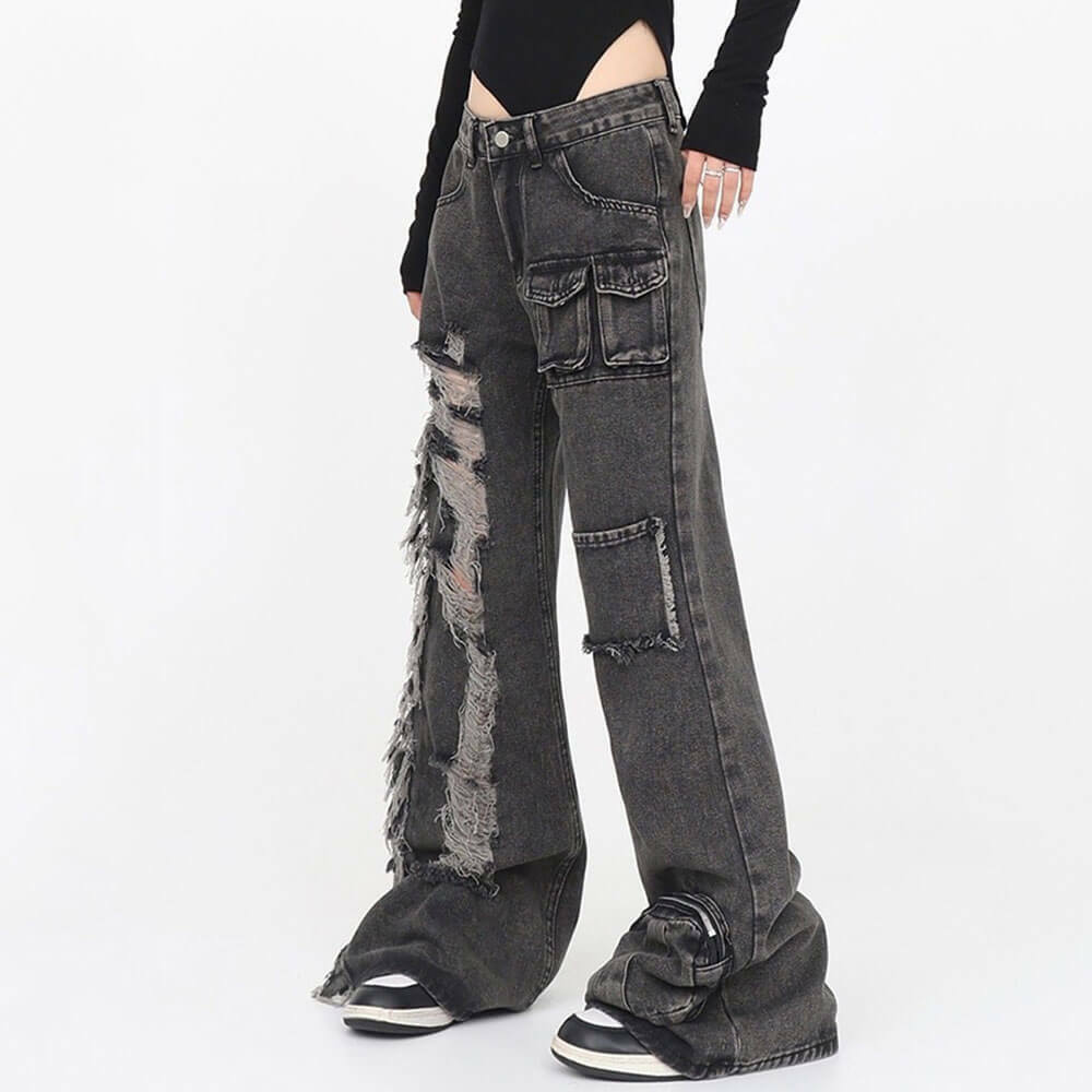 Y2K Grunge Ripped Black Jeans for Trendy Aesthetic Outfits