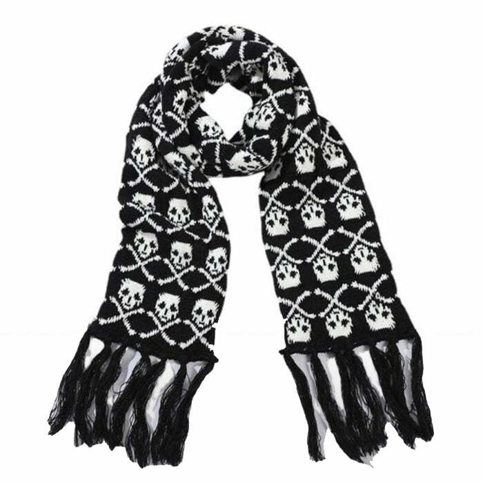 Y2K Grunge Skull Knitted Scarf for Aesthetic Outfits and Cozy Vibes