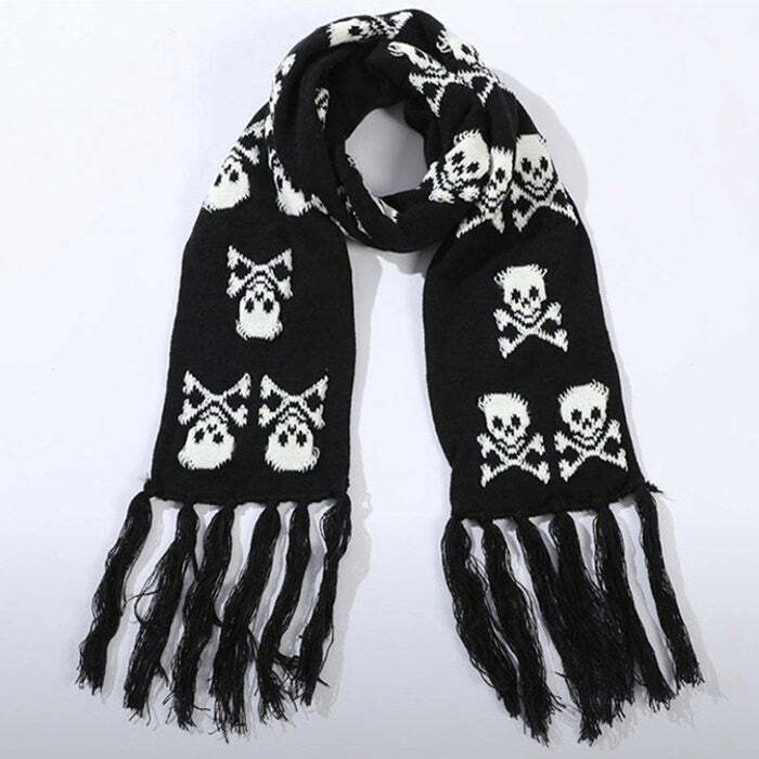 Y2K Grunge Skull Knitted Scarf for Aesthetic Outfits and Cozy Vibes