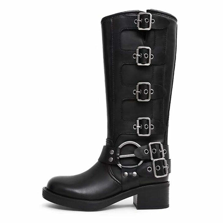 Y2K Grunge Sleaze Buckle Boots for Edgy Aesthetic Outfits