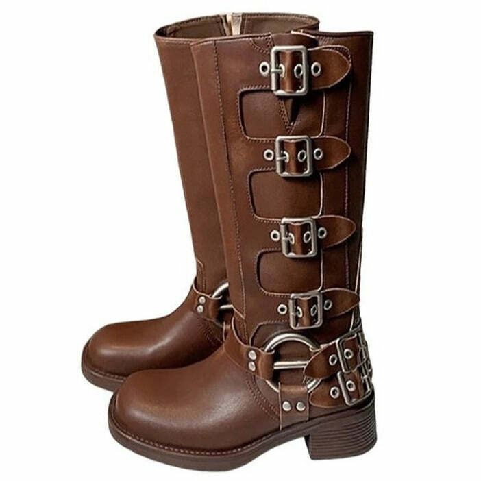 Y2K Grunge Sleaze Buckle Boots for Edgy Aesthetic Outfits