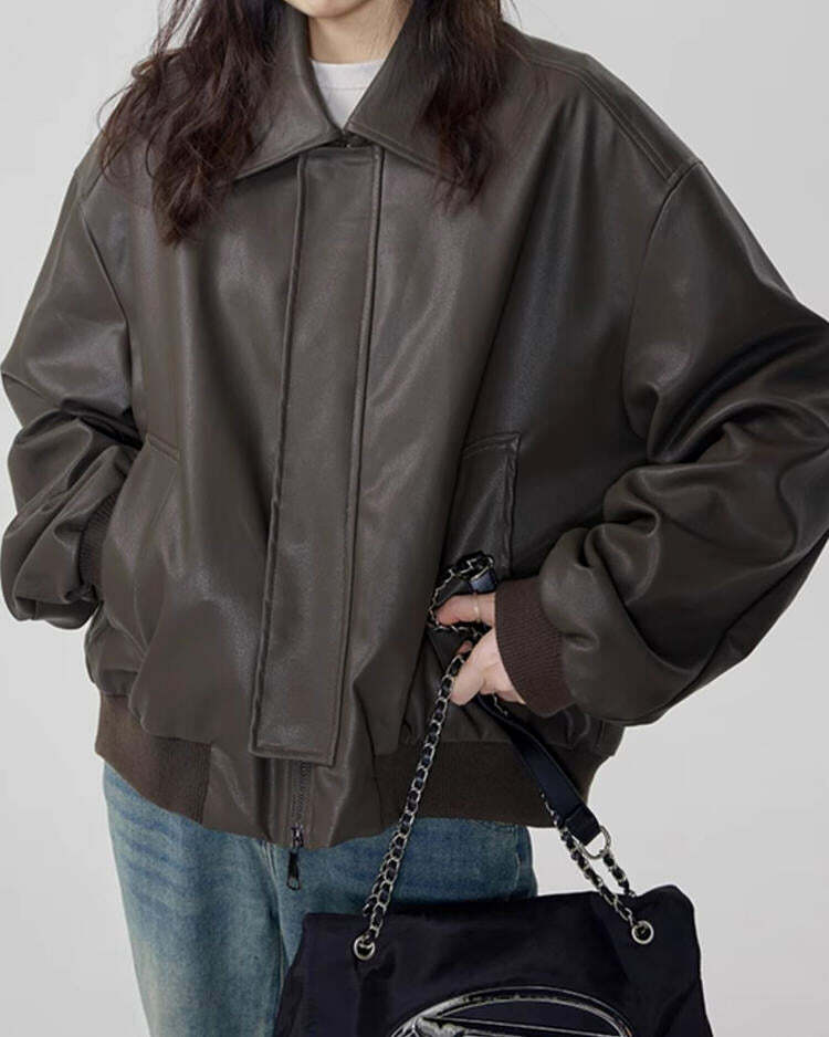 Y2K Grunge Sleaze Leather Bomber Jacket for Edgy Aesthetic Outfits