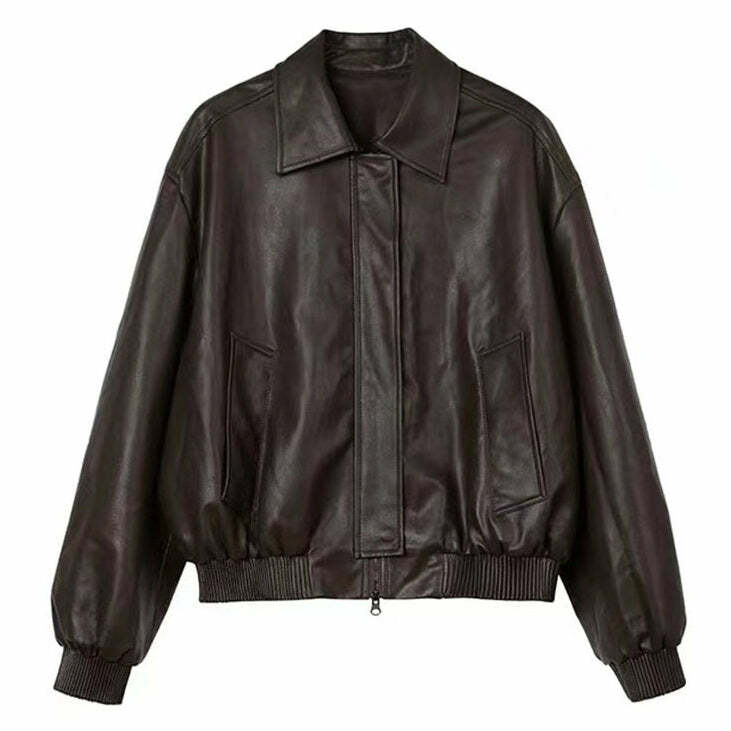 Y2K Grunge Sleaze Leather Bomber Jacket for Edgy Aesthetic Outfits