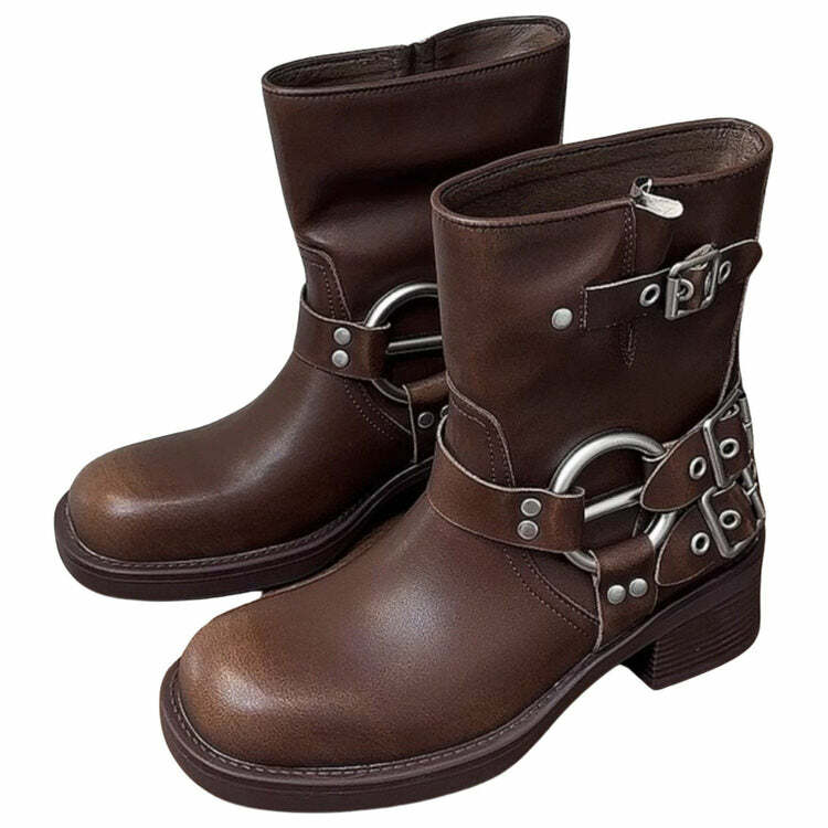 Y2K Grunge Sleaze Motorcycle Buckle Boots for Edgy Aesthetic Style