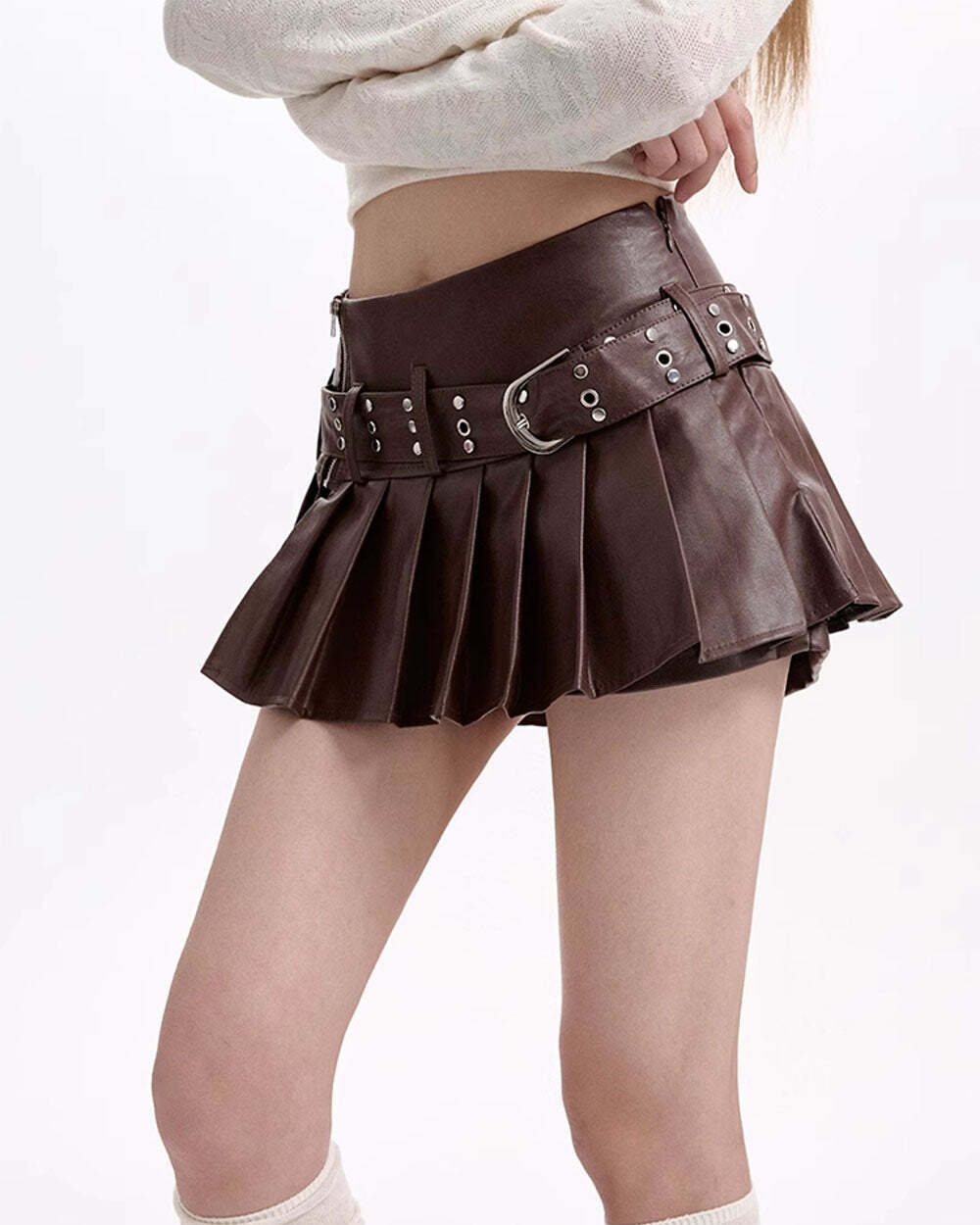 Y2K Grunge Sleaze Pleated Leather Skirt in Brown for Aesthetic Outfits