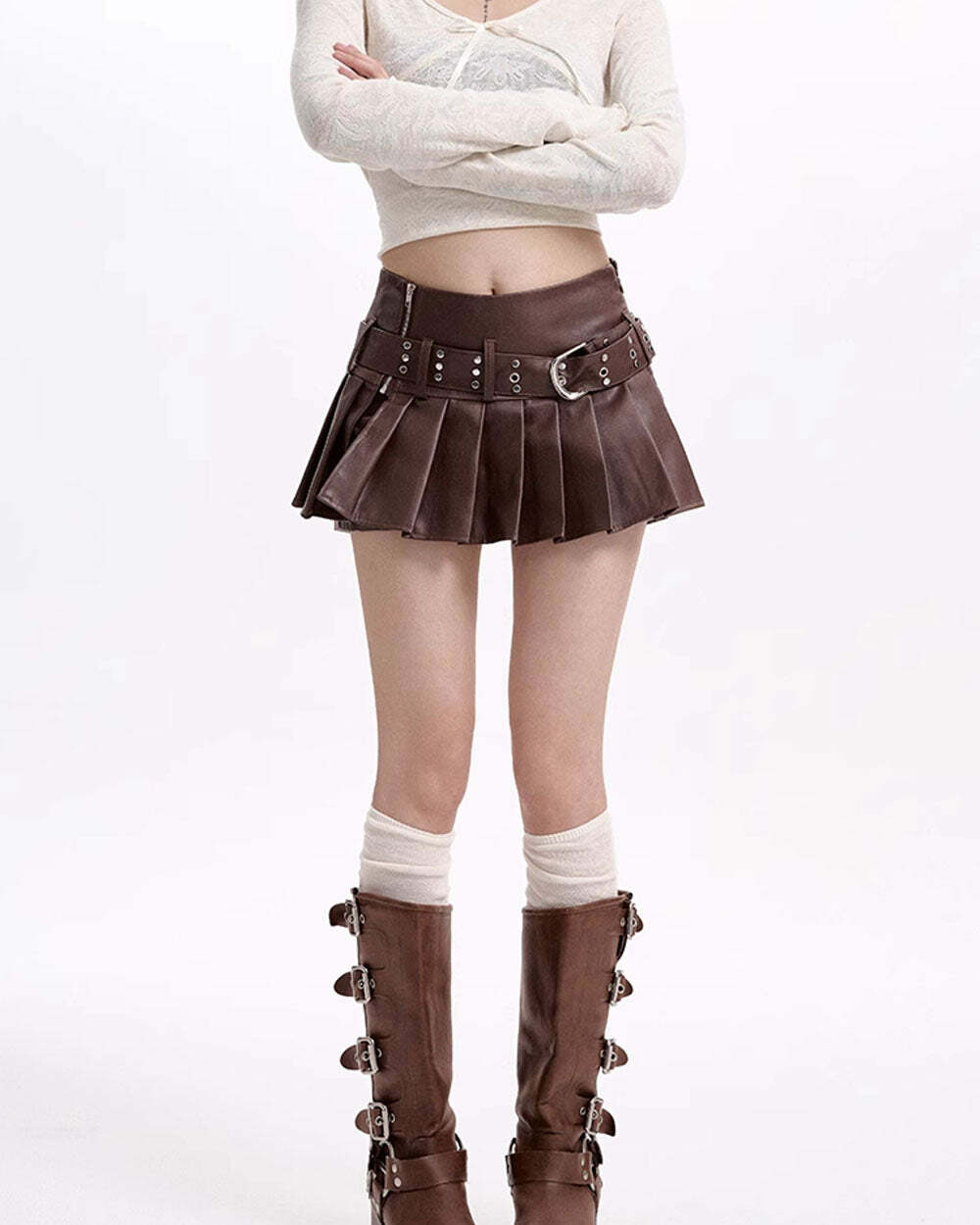 Y2K Grunge Sleaze Pleated Leather Skirt in Brown for Aesthetic Outfits