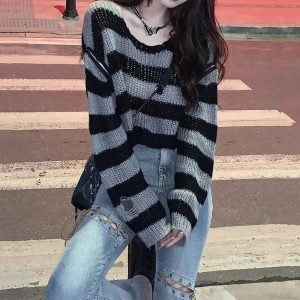 Y2K Grunge Striped Crop Sweater for Aesthetic Outfits and Cozy Vibes