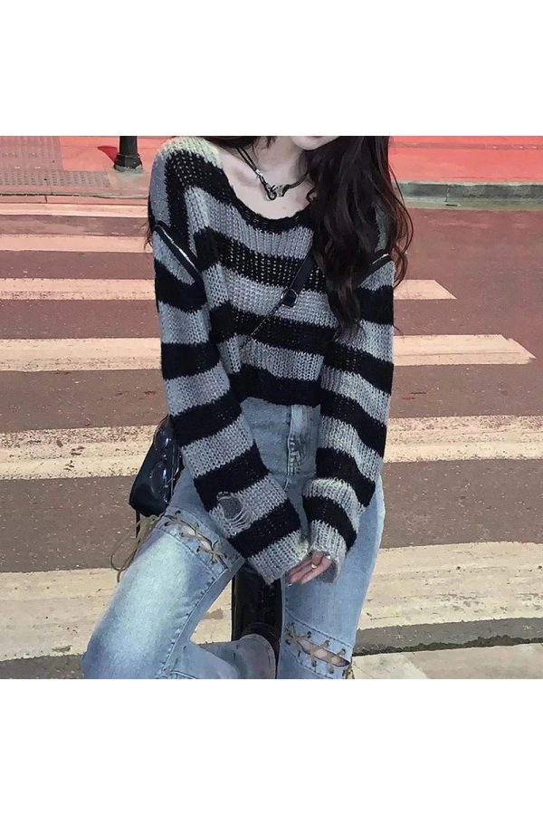 Y2K Grunge Striped Crop Sweater for Aesthetic Outfits and Cozy Vibes