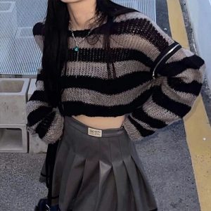 Y2K Grunge Striped Crop Sweater for Aesthetic Outfits and Cozy Vibes