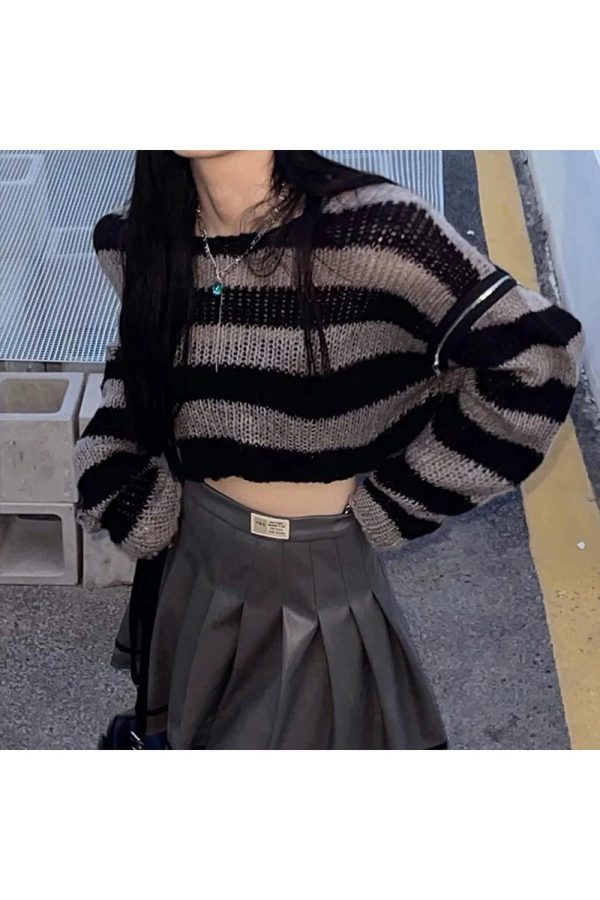 Y2K Grunge Striped Crop Sweater for Aesthetic Outfits and Cozy Vibes