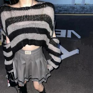 Y2K Grunge Striped Crop Sweater for Aesthetic Outfits and Cozy Vibes