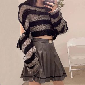 Y2K Grunge Striped Crop Sweater for Aesthetic Outfits and Cozy Vibes