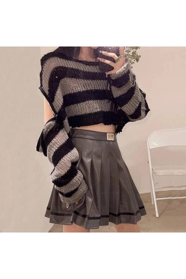 Y2K Grunge Striped Crop Sweater for Aesthetic Outfits and Cozy Vibes