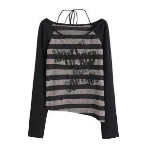 Y2K Grunge Striped Slouch Top for Effortless Aesthetic Outfits