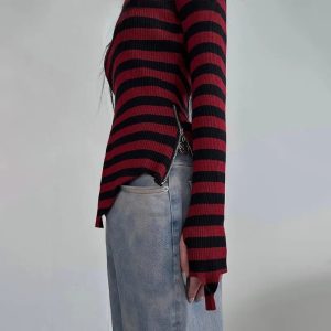 Y2K Grunge Striped Sweater - Cute Comfy Top for Aesthetic Outfits