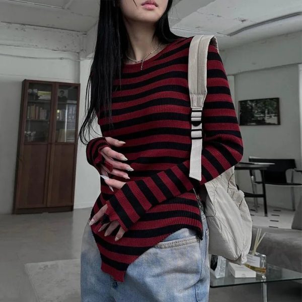 Y2K Grunge Striped Sweater - Cute Comfy Top for Aesthetic Outfits