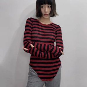 Y2K Grunge Striped Sweater - Cute Comfy Top for Aesthetic Outfits