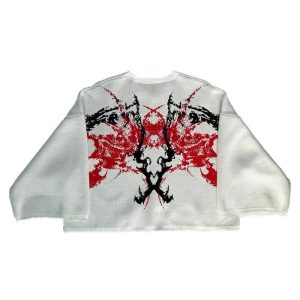 Y2K Grunge Style Black Metal Flame Graphic Sweater for Aesthetic Vibes