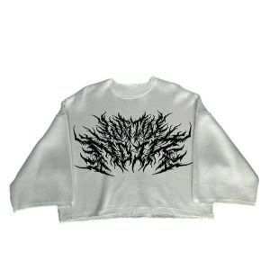 Y2K Grunge Style Black Metal Flame Graphic Sweater for Aesthetic Vibes