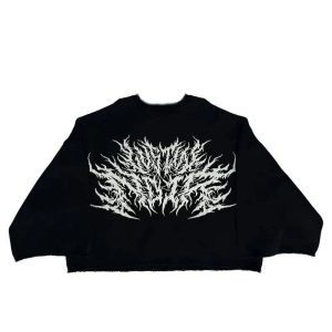 Y2K Grunge Style Black Metal Flame Graphic Sweater for Aesthetic Vibes