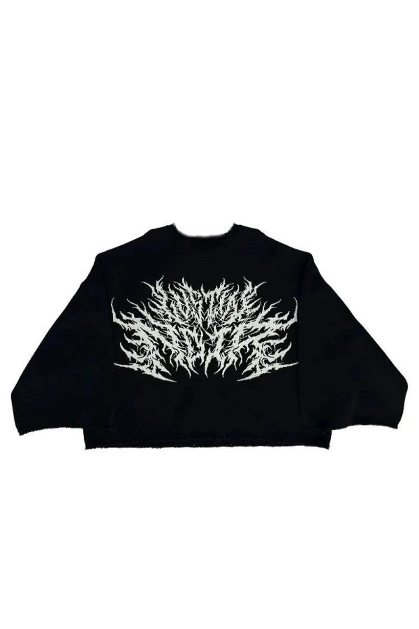 Y2K Grunge Style Black Metal Flame Graphic Sweater for Aesthetic Vibes