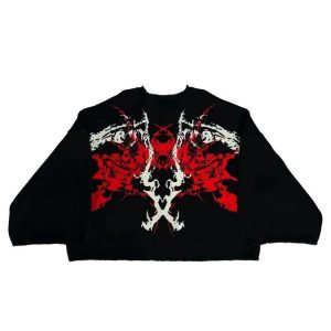 Y2K Grunge Style Black Metal Flame Graphic Sweater for Aesthetic Vibes